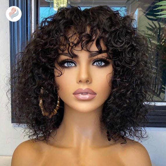 Wavy Curly Short Human Hair Wig with Bangs Lightweight Glueless Daily Use Dark Brown Mixed Gray Curly Human Hair Wig Short Curly Wigs  main image 2