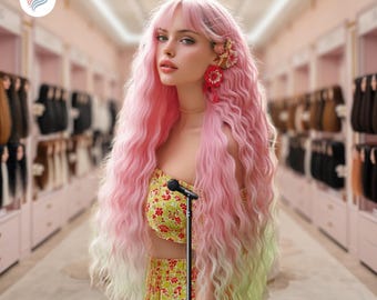 May include: A person with long, wavy pink hair with a green ombre effect. They wear a floral print top and skirt, and flower earrings. A black microphone stands in front of them. The background is a pink-toned room with hair extensions.