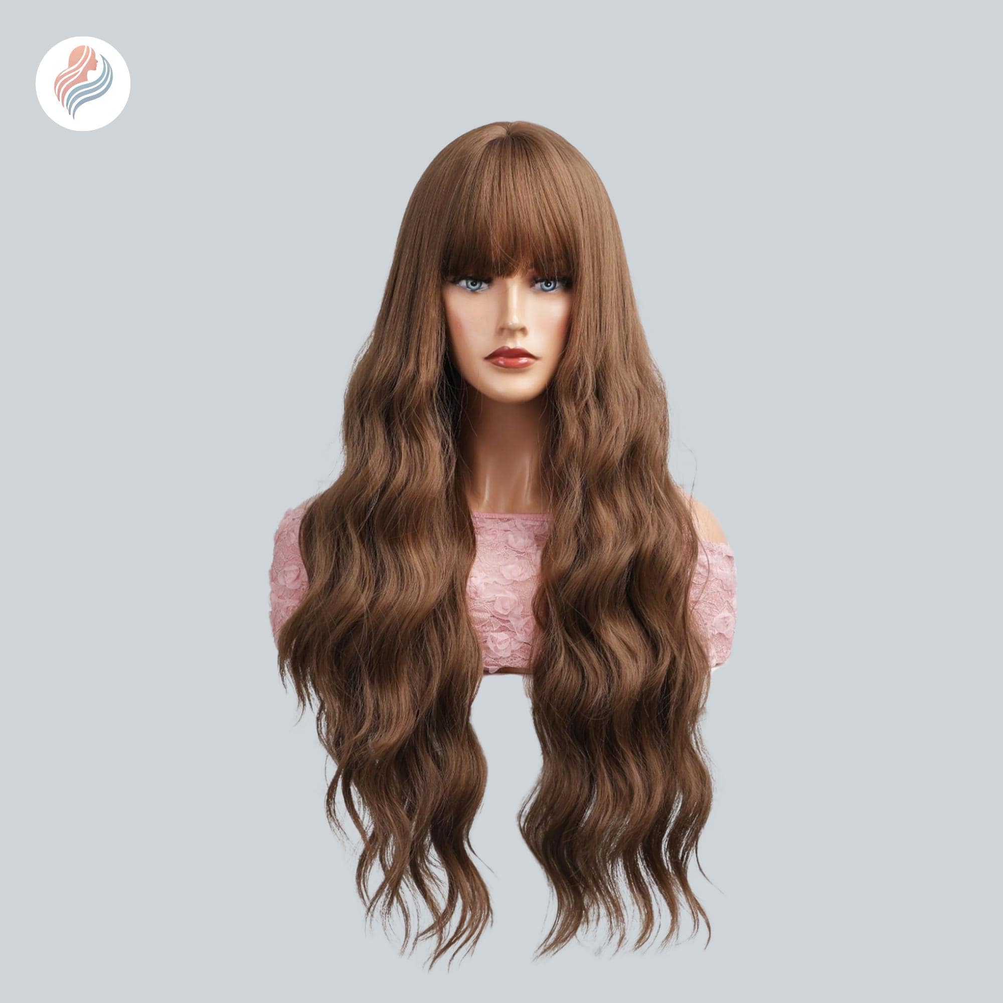 26 Inch Brown Long Curly Wig With Bangs, Heat Resistant 