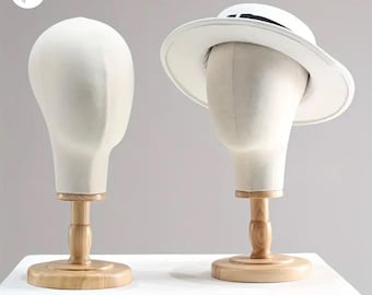 Cabeza de maniquí para adulto, tela beige, base de madera, expositor de pelucas/sombreros