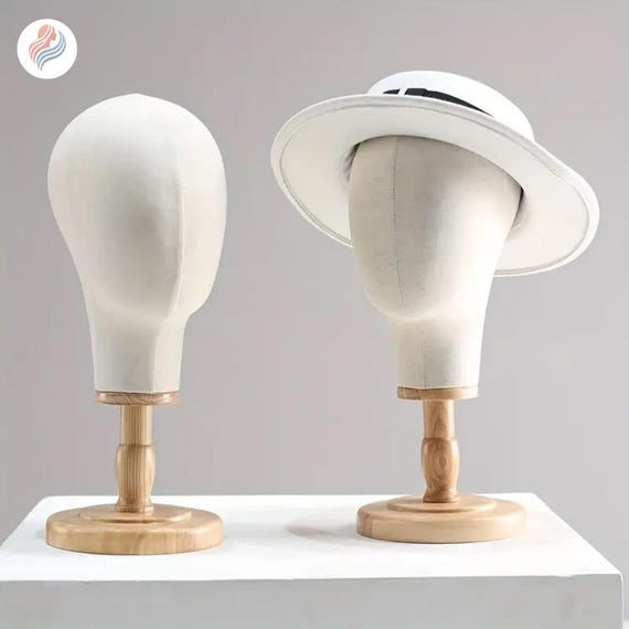 Adult Mannequin Head, Beige Fabric, Wooden Base, Wig/hat Display