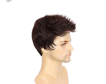 Men’s Basic Brown Short Straight Wig – Heat-Resistant Synthetic Fiber Daily Bangs Wig, Natural Look with Rose Mesh Cap