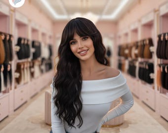 Long Chocolate Brown Wavy Wig with Air Bangs – Water Wave Heat-Resistant Synthetic Wig