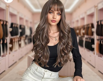 Long Curly Brown Wig with Straight Bangs – Heat-Resistant Synthetic Hair, Natural Look, Wear & Go Wig for Women Daily or Party Use