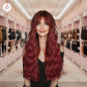 26インチの長いウィッグ、前髪付き、ワインレッドとブラウン、女性用ファッショナブルなロングウェーブウィッグ、合成毛、エレガントカジュアル、バーガンディウィッグ
