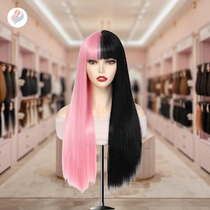May include: A long, straight wig with half pink and half black hair. The wig has a fringe and is styled in a centre part.