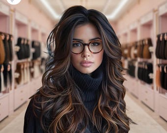 Puede incluir: Una mujer con el pelo largo y castaño oscuro con reflejos castaños más claros lleva un jersey negro de cuello alto y gafas redondas de carey. Está de pie frente a una pared de estantes con extensiones de pelo.