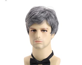 Short Curly Gray Wig for Men: Fluffy Synthetic Hair with Side Bangs