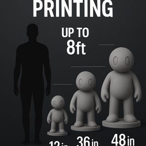 May include: Image promoting large-scale printing, with text reading "LARGE SCALE PRINTING" and "UP TO 8ft." Three gray, stylized figures are shown, measuring 12, 36, and 48 inches. A silhouette of a person is also included.