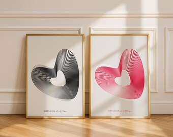 Set di 2 stampe di linee astratte a forma di cuore / Decorazione scandinava minimalista (download digitale)