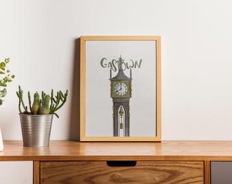 手描きイラスト - オリジナルプリント水彩画 | ガスタウン・スチーム・クロック（バンクーバー） | アートポスター - デジタルダウンロード