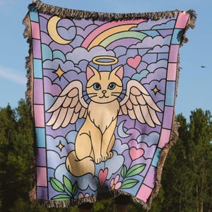 Engel Katze gewebte Decken, Glasmalerei-Kitty, Regenbogen Mond Stern, süße Katzendecke, Geschenke für Katzenliebhaber, gemütliche Decke, Wohnkultur