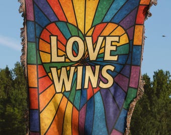 Love Wins Blanket Pillow, Stained Glass Heart Woven Throw, LGBTQ Pride Decor, Colorful Art, Home Gift, Wedding Gift, Anniversary