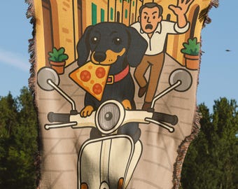Dachshund Pizza Delivery Blanket,Pillow, Funny Dog on Scooter, Italian Food Art, Woven Throw Gift, Cityscape, Unique Gift for Pet Lovers