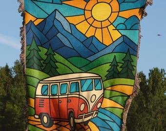 Vintage Van Blanket, Camper Van Stained Glass Art, Mountain Adventure Woven Blankets, Retro Bus Throw Blanket, Travel Gift, Unique