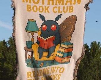 Mothman Book Club Blanket, Reading Into Shadows Woven Throw, Cryptid Cozy Home Decor, Moth Lover Gift, Monster Novelty Blanket