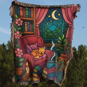 Cozy Cat Reading Nook Woven Blankets, Stained Glass Style, Warm Library, Moonlit Night, Book Lover, Woven Blankets, Unique Home Decor