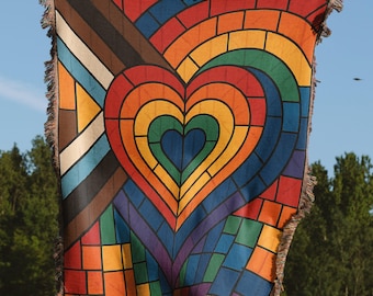 Stained Glass Heart Blanket, Pride Pillow, Woven Throw, LGBTQ Decor, Colorful Art Home Decor, Abstract Design, Statement Piece