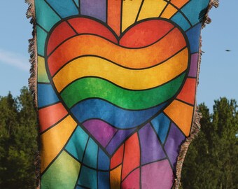 Rainbow Heart Blanket, Colorful Pride Pillow, Stained Glass Throw, Woven Home Decor, Unique Gift Idea, Artistic Design, Love Wins Present