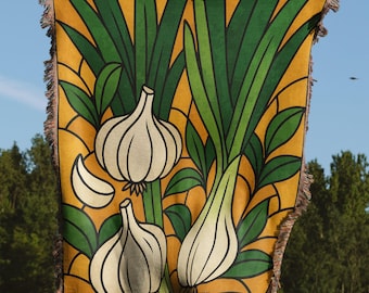 Garlic Woven Blankets, Food Art Blankets, Kitchen Decor Blankets, Cozy Home Blankets, Unique Design Throws