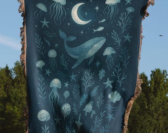 Whale and Ocean Creatures Woven Blanket, Underwater Marine Life Throw Blanket, Ocean Theme Tapestry, Cozy Nautical Decor