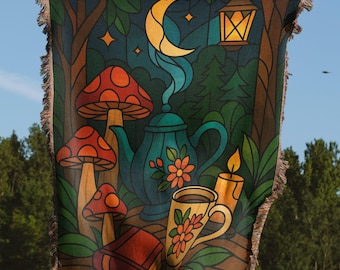 Enchanted Forest Blanket, Moonlit Tea Party Woven Blankets, Cozy Cottagecore Decor, Magical Mushroom Blanket, Fantasy Nature Illustration