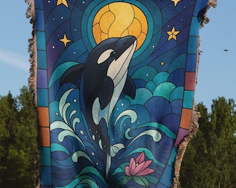 Orca Woven Blankets, Stained Glass Style Art, Whale Moon Stars Design, Marine Life Ocean Blanket, Killer Whale Gift, Unique Blankets
