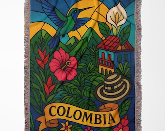 Vibrant Colombia Design Woven Blanket, Bright Colors Decorative Blanket, Cozy Colombian Art Throw Blanket, Unique Home Decor Blanket