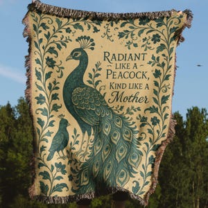 Radiant Peacock Blankets, Kind Mother, Mother&#39;s Day Woven Blankets, Floral Frame Blankets, Mom Gifts, Unique Blankets