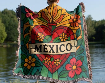 Vibrant Mexico-Themed Woven Blanket, Colorful Mexican Folk Art Throw Blanket, Unique Decorative Blanket for Home Decor