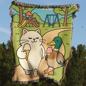 Cat and Duck Woven Blanket Pillow, Ice Cream Summer Park Decor, Whimsical Animal Art Gift, Cute Cartoon Kids Room Accent