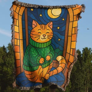 Katzen gewebte Decken, Glasmalerei-Stil, süße Katze, Mond-Sterne-Decken, einzigartiges Wohndekor, gemütliche Überwürfe, Geschenk für Katzenliebhaber, warme Decken