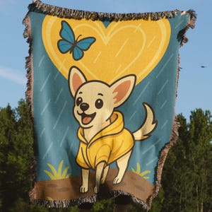 Chihuahua Blanket, Pillow, Cute Dog, Butterfly, Heart, Woven Blanket, Cozy Home Decor, Pet Lover Gift, Cartoon Dog Art