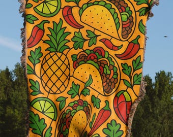 Taco Fiesta Woven Blankets, Foodie Home Decor, Mexican Food Art, Tropical Fruit Design, Colorful Kitchen Blanket, Funny Food Lover Gift