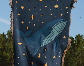 Starry Whale Woven Cotton Blanket: Celestial Nursery Decor