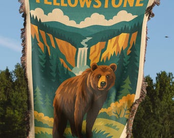 Yellowstone National Park Woven Blanket: Bear & Waterfall Cabin Decor