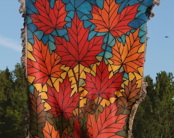 Autumn Maple Leaves Blanket, Fall Decor, Stained Glass Style Blanket, Cozy Throws, Woven Blankets, Fall Blankets, Home Decor Blankets