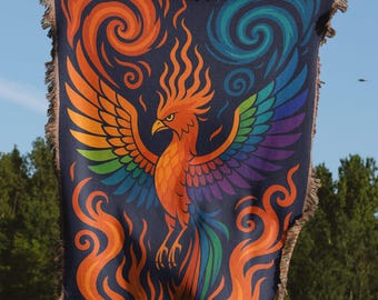 Phoenix Woven Blanket and Pillow Set: Colorful Mythical Fire Bird Art