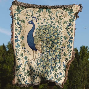Peacock Woven Blanket, Elegant Floral Tapestry Throw, Art Nouveau Home Decor, Blue and Gold Nature Blanket, Unique Gift for Her