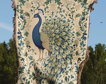 Peacock Woven Blanket, Elegant Floral Tapestry Throw, Art Nouveau Home Decor, Blue and Gold Nature Blanket, Unique Gift for Her