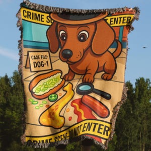 Manta de detective con forma de perro salchicha, divertidas mantas tejidas para perros, decoración de escenas de crimen, regalo para un perro salchicha, regalo para amantes de los perros detectives.