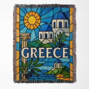 Greece Inspired Woven Blanket Stained Glass Design Cozy Home Decor Gift Greek Beach House Accessories Vibrant Throw