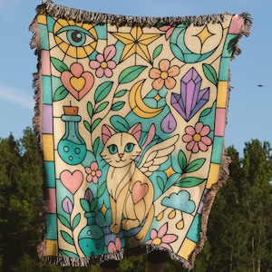 Winged Cat Woven Blanket, Stained Glass Feline Throw, Celestial Kitty Art Blankets, Boho Home Decor, Gift for Cat Lover