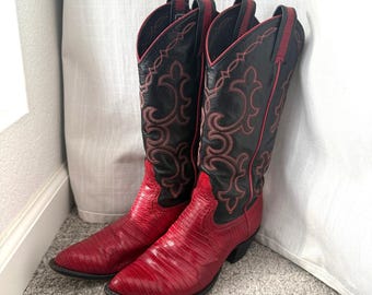 Vtg Larry Mahan Ruby Red Lizard Skin Black Leather Western Cowboy Boots 6.5 USA