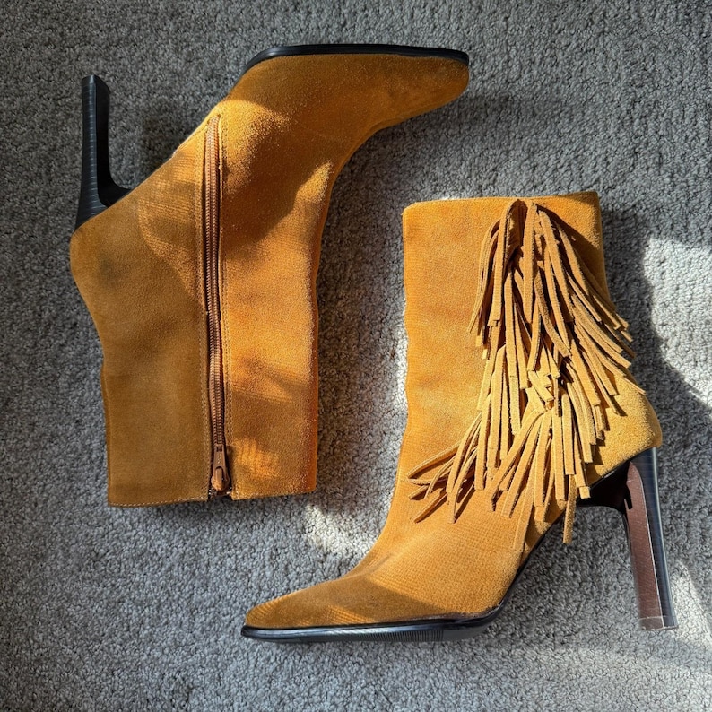 Y2K Vintage Suede Square Toe Fringe Ankle Boots 8.5 Camel Western Boho Cowgirl image 1
