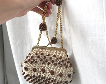 Vintage Beaded Clutch Bag Raffia Crochet Chain Strap Made in Italy Evening Bag