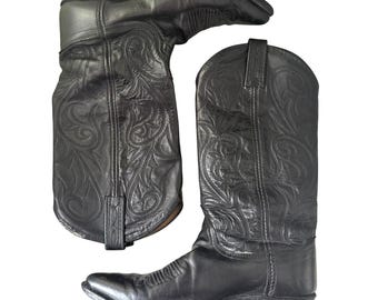 Vintage Dan Post Black Leather Western Cowboy Boots Pointed Toe Made in USA 6M