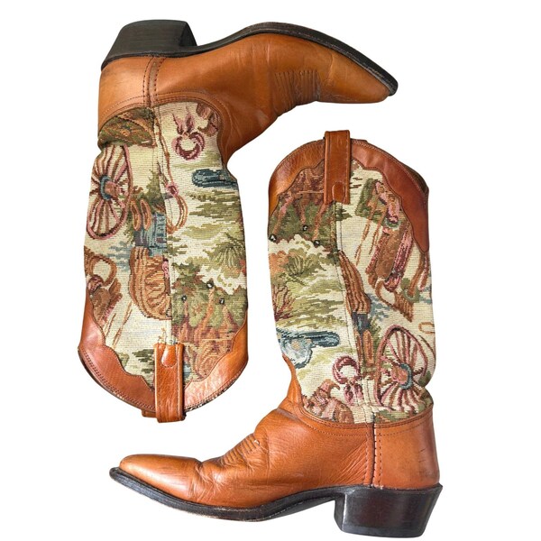 Seltene Vintage Dan Post Leder Western Wüste Gobelin Cowboy Stiefel Größe 6,5 M