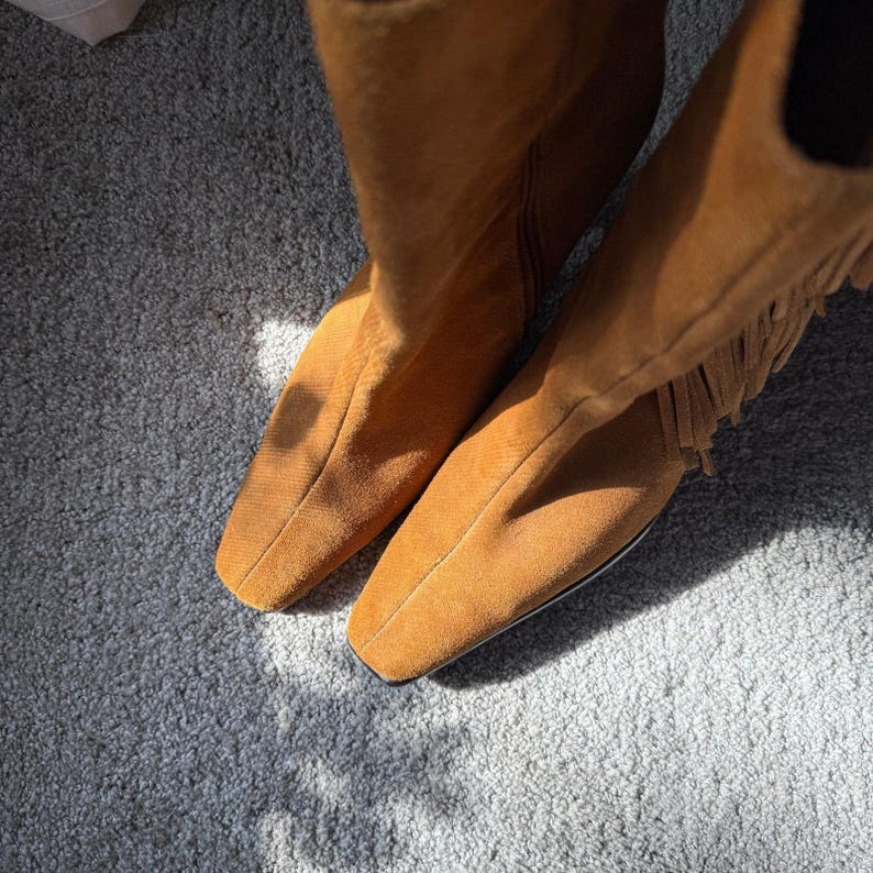 Y2K Vintage Suede Square Toe Fringe Ankle Boots 8.5 Camel Western Boho Cowgirl image 4