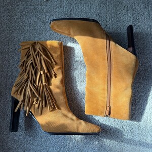 Y2K Vintage Suede Square Toe Fringe Ankle Boots 8.5 Camel Western Boho Cowgirl image 2